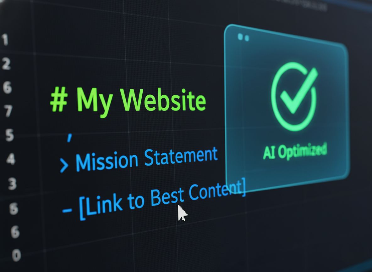 Example of llms.txt markdown code structure showing title, summary, and link hierarchy.