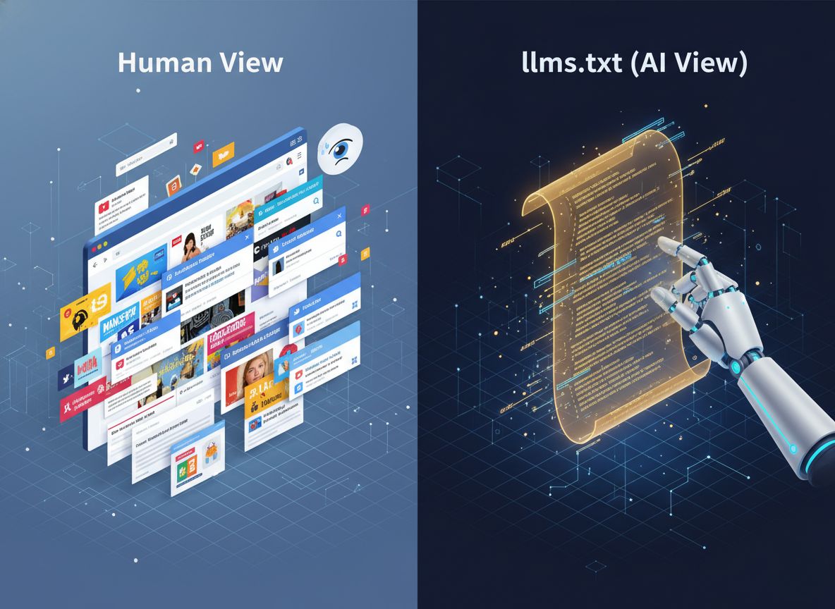 Visual representation of how human sees vs how llm or ai sees website