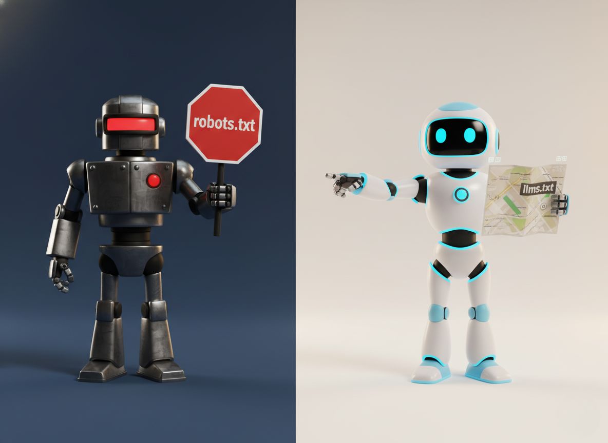 Visual comparison of robots.txt as a security bouncer versus llms.txt as a helpful tour guide for AI bots.