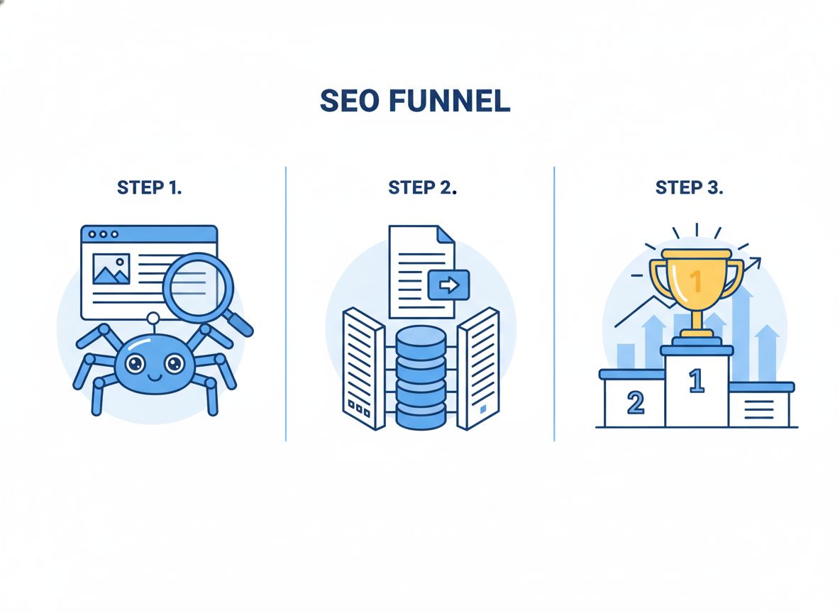 Diagram illustrating how SEO works: crawling, indexing, and ranking in search engines.