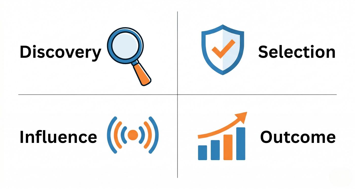 Four KPI categories that matter in AI search: Discovery, Selection, Influence, and Outcome