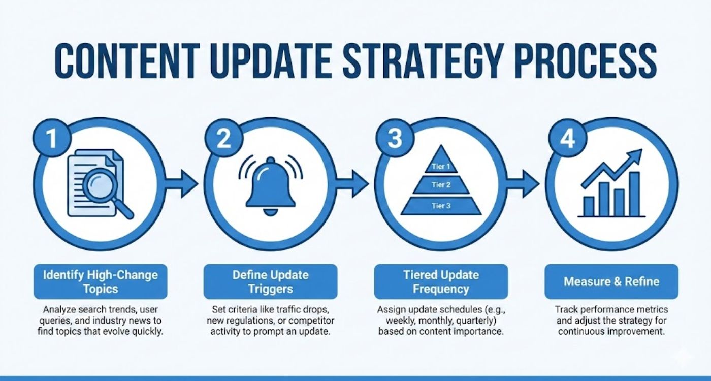 Step-by-step diagram illustrating how to build a practical content freshness strategy for AI search, including identifying high-change topics, setting update triggers, and tiered update frequency
