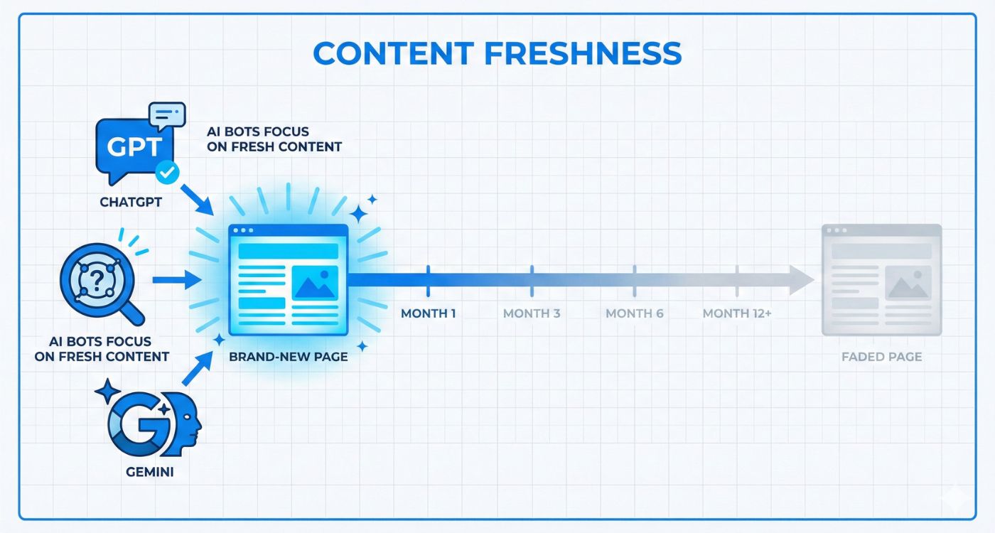 Infographic illustrating what content freshness means in AI search showing a page’s relevance fading over time as AI engines prefer recently updated content