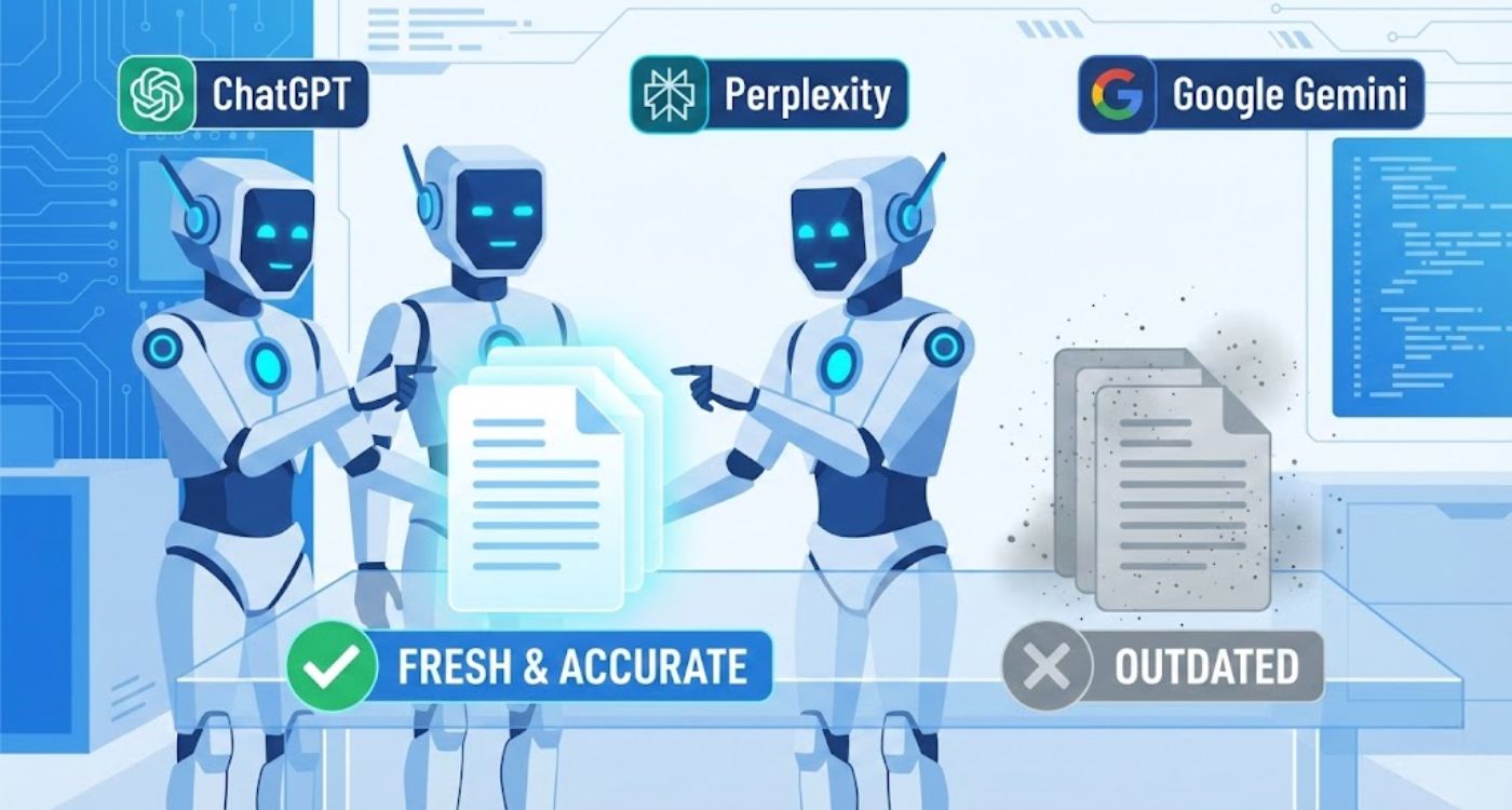 Illustration showing why AI search engines like ChatGPT and Perplexity prioritise fresh, accurate content over outdated pages