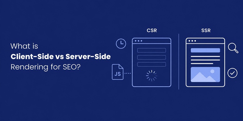 What is client-side vs server-side rendering for SEO, showing an unfinished CSR browser page next to a fully rendered SSR page