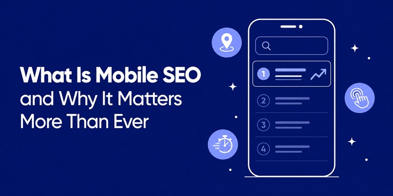 Smartphone showing mobile SEO search rankings illustration