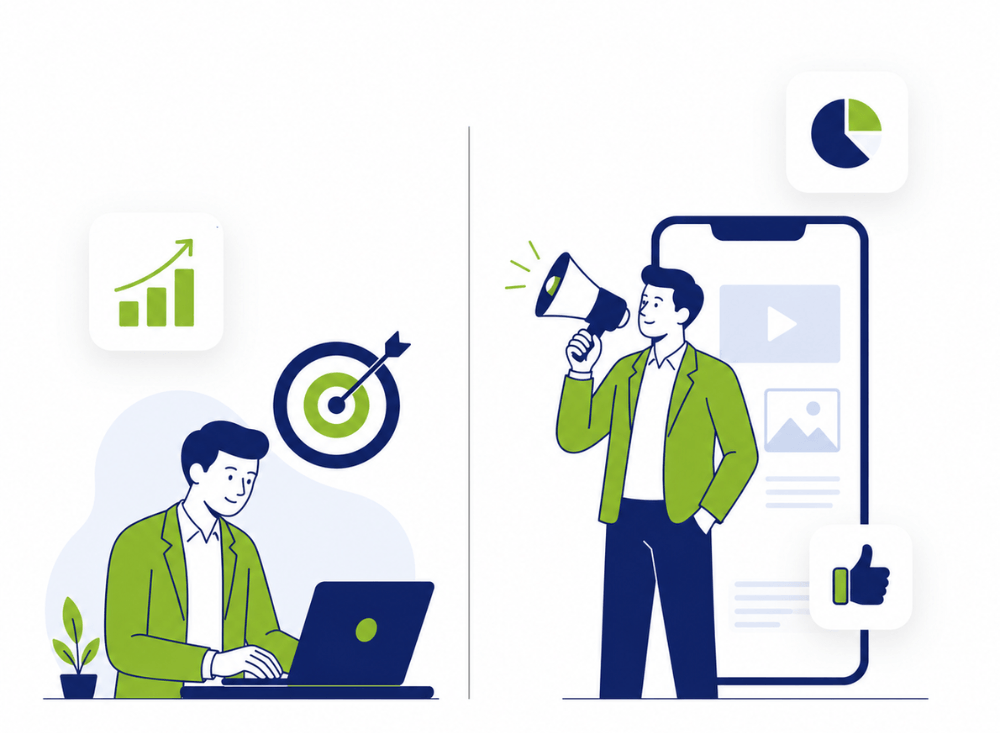 Digital Marketing Agency in India illustration with SEO strategy, social media marketing, and growth analytics
